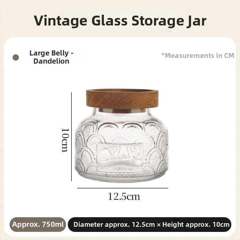 Reljefna staklena posuda za čuvanje – vintage okrugli stakleni spremnik za kuhinju, žitarice, hranu i čaj, 800–1000 ml, s otisnutim logom