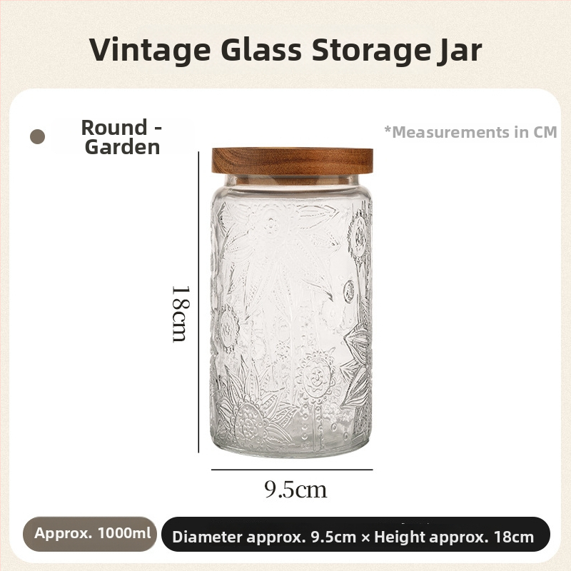 Reljefna staklena posuda za čuvanje – vintage okrugli stakleni spremnik za kuhinju, žitarice, hranu i čaj, 800–1000 ml, s otisnutim logom