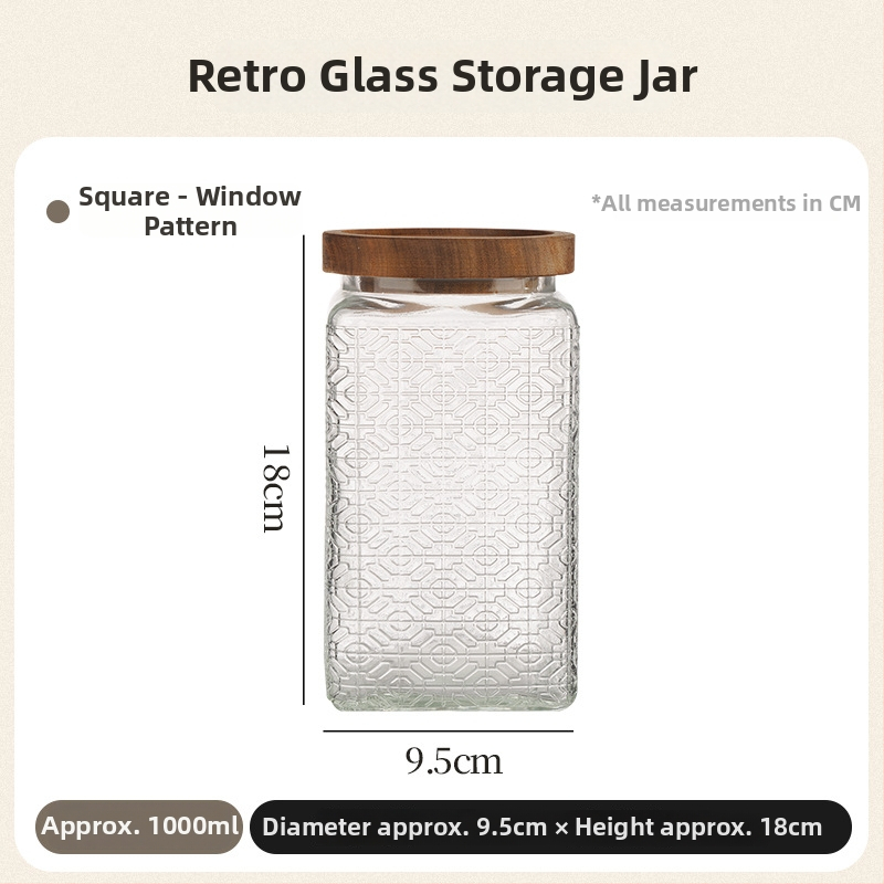 Reljefna staklena posuda za čuvanje – vintage okrugli stakleni spremnik za kuhinju, žitarice, hranu i čaj, 800–1000 ml, s otisnutim logom