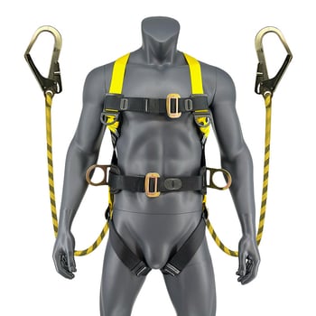 Centură de siguranță cu cinci puncte, cu cârlig dublu pentru lucru în înălțime – din poliester, frânghie de siguranță 2 m, capacitate 150 kg, LA-2024-2522