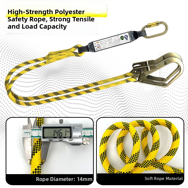 Centură de siguranță cu cinci puncte, cu cârlig dublu pentru lucru în înălțime – din poliester, frânghie de siguranță 2 m, capacitate 150 kg, LA-2024-2522