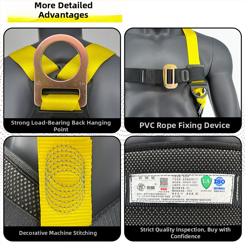 Centură de siguranță cu cinci puncte, cu cârlig dublu pentru lucru în înălțime – din poliester, frânghie de siguranță 2 m, capacitate 150 kg, LA-2024-2522
