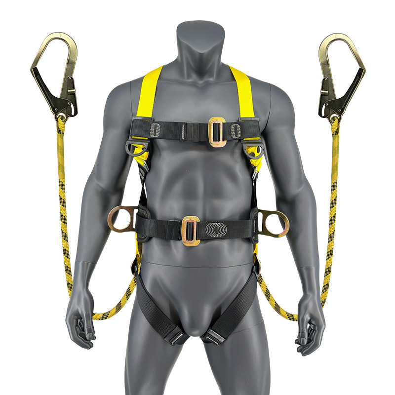 Centură de siguranță cu cinci puncte, cu cârlig dublu pentru lucru în înălțime – din poliester, frânghie de siguranță 2 m, capacitate 150 kg, LA-2024-2522