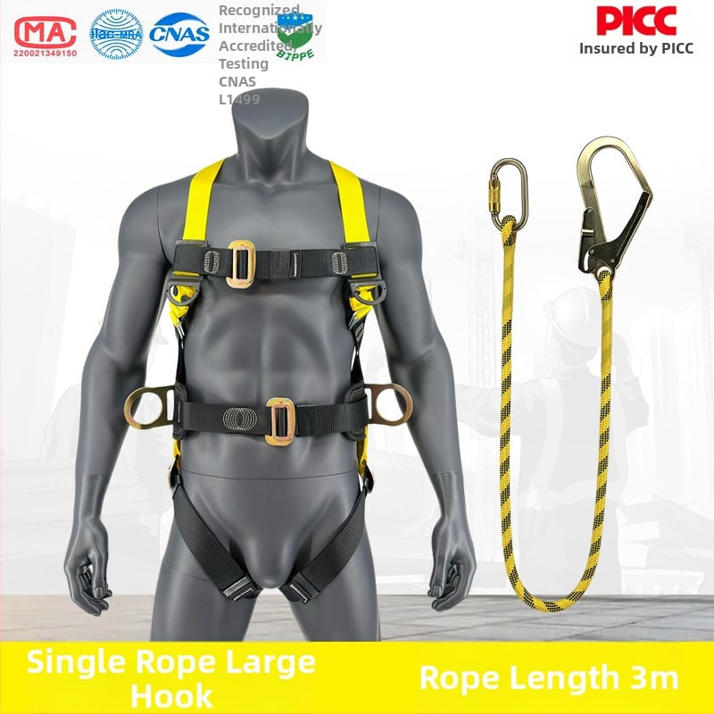 Centură de siguranță cu cinci puncte, cu cârlig dublu pentru lucru în înălțime – din poliester, frânghie de siguranță 2 m, capacitate 150 kg, LA-2024-2522