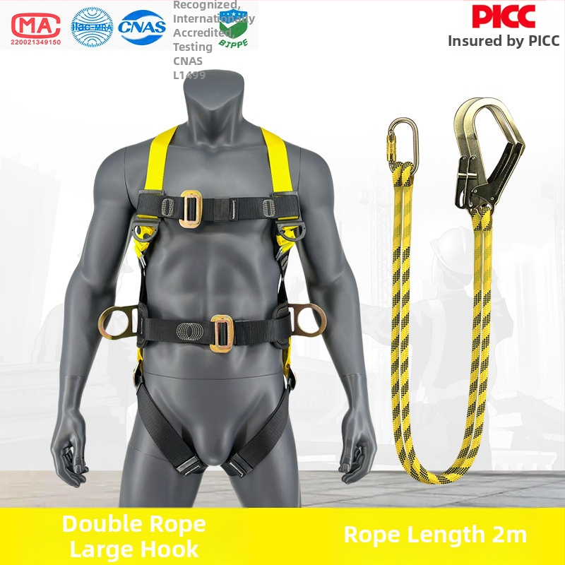 Centură de siguranță cu cinci puncte, cu cârlig dublu pentru lucru în înălțime – din poliester, frânghie de siguranță 2 m, capacitate 150 kg, LA-2024-2522