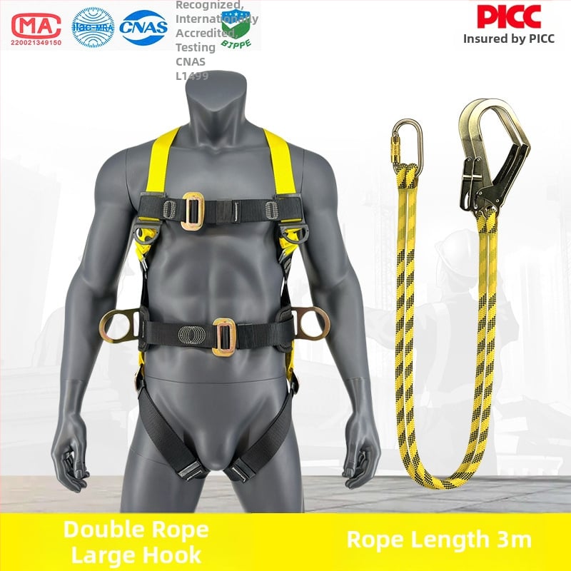 Centură de siguranță cu cinci puncte, cu cârlig dublu pentru lucru în înălțime – din poliester, frânghie de siguranță 2 m, capacitate 150 kg, LA-2024-2522