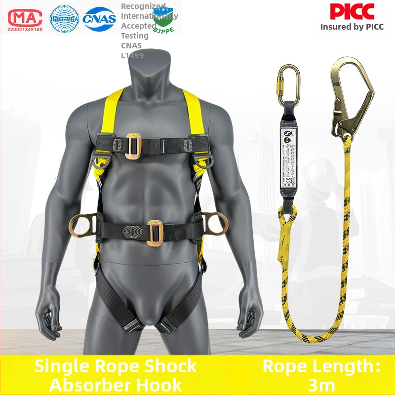 Centură de siguranță cu cinci puncte, cu cârlig dublu pentru lucru în înălțime – din poliester, frânghie de siguranță 2 m, capacitate 150 kg, LA-2024-2522