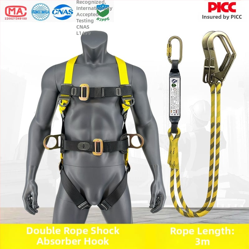 Centură de siguranță cu cinci puncte, cu cârlig dublu pentru lucru în înălțime – din poliester, frânghie de siguranță 2 m, capacitate 150 kg, LA-2024-2522