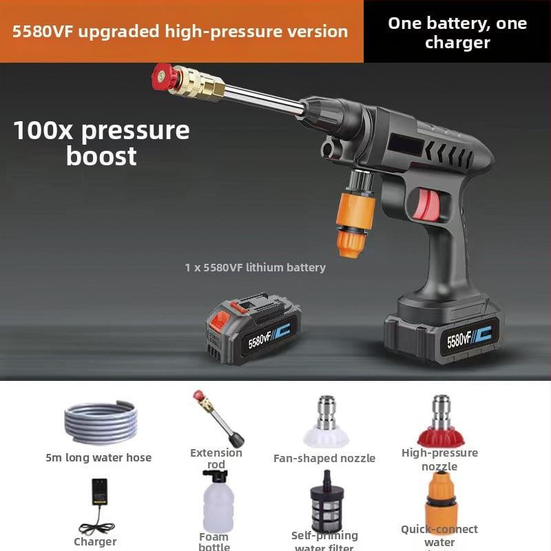 Високонапорна домашна водна пушка за миене на автомобили – медна глава, ABS дръжка, 30 бара, разпръскване на 6–8 м, подходяща за миене на автомобили и поливане в градината