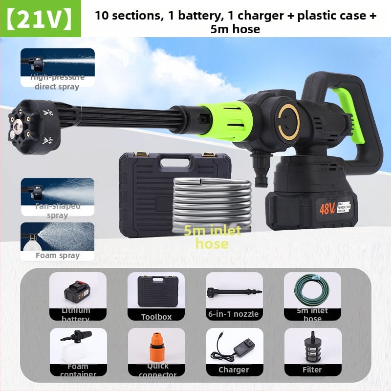 Pistol de spălat auto fără fir, reîncărcabil, motor brushless, ABS plastic, rază de pulverizare 8-10 m