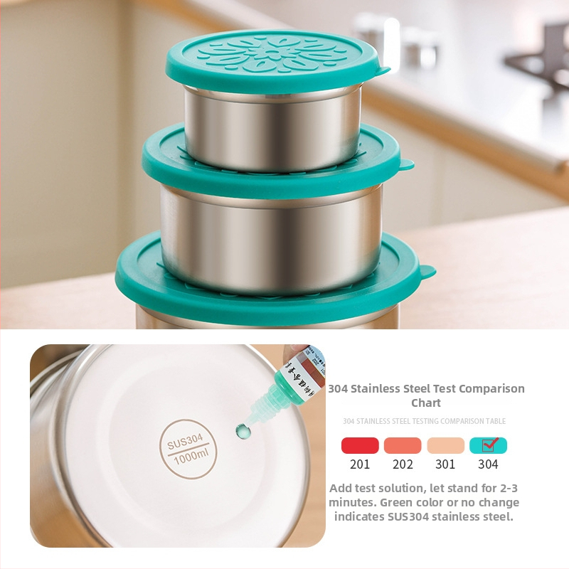 Кръгла кутия за обяд от 304 неръждаема стомана със силиконова капачка – хранителен клас, запечатана, запазва свежестта на храната