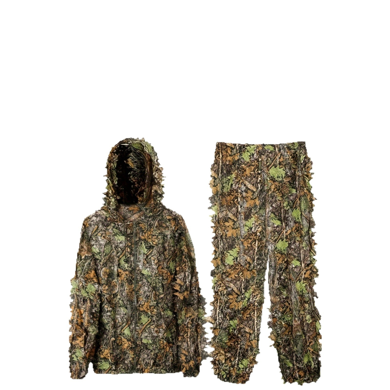 Унисекс външен камуфлажен ghillie костюм с 3D листна шарка, полиестерна материя, дишащ и износоустойчив, за къмпинг, риболов и лов