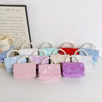 Geantă de copii crossbody cu flori și perle (Fete, Grădiniță, Fibre sintetice, Căptușeală: Piele sintetică, Model: Flori)
