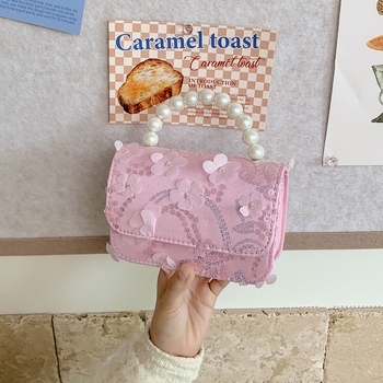 Geantă de copii crossbody cu flori și perle (Fete, Grădiniță, Fibre sintetice, Căptușeală: Piele sintetică, Model: Flori)