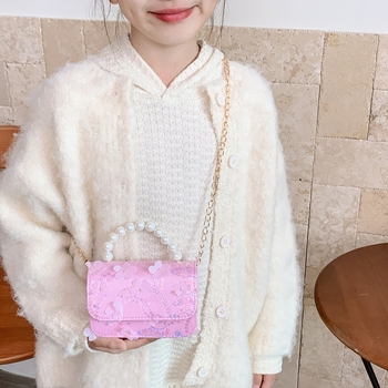 Geantă de copii crossbody cu flori și perle (Fete, Grădiniță, Fibre sintetice, Căptușeală: Piele sintetică, Model: Flori)