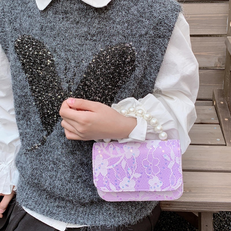 Geantă de copii crossbody cu flori și perle (Fete, Grădiniță, Fibre sintetice, Căptușeală: Piele sintetică, Model: Flori)