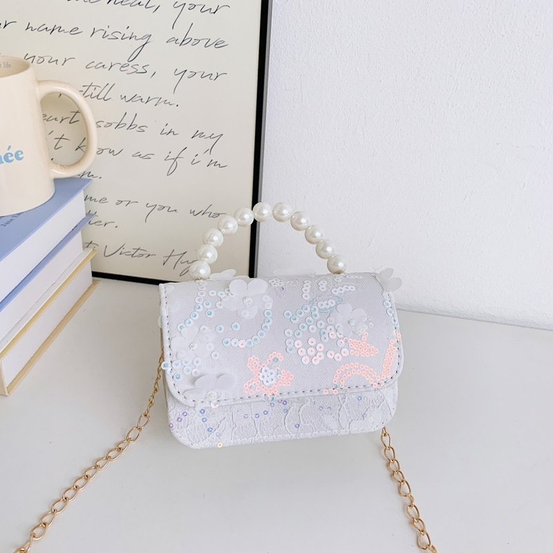 Geantă de copii crossbody cu flori și perle (Fete, Grădiniță, Fibre sintetice, Căptușeală: Piele sintetică, Model: Flori)