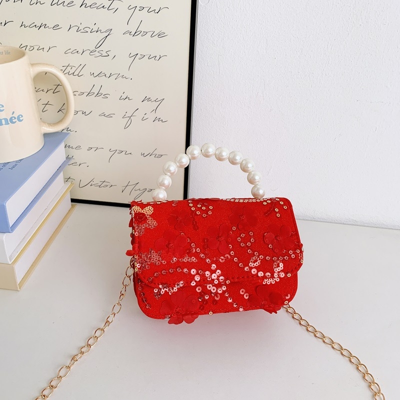 Geantă de copii crossbody cu flori și perle (Fete, Grădiniță, Fibre sintetice, Căptușeală: Piele sintetică, Model: Flori)