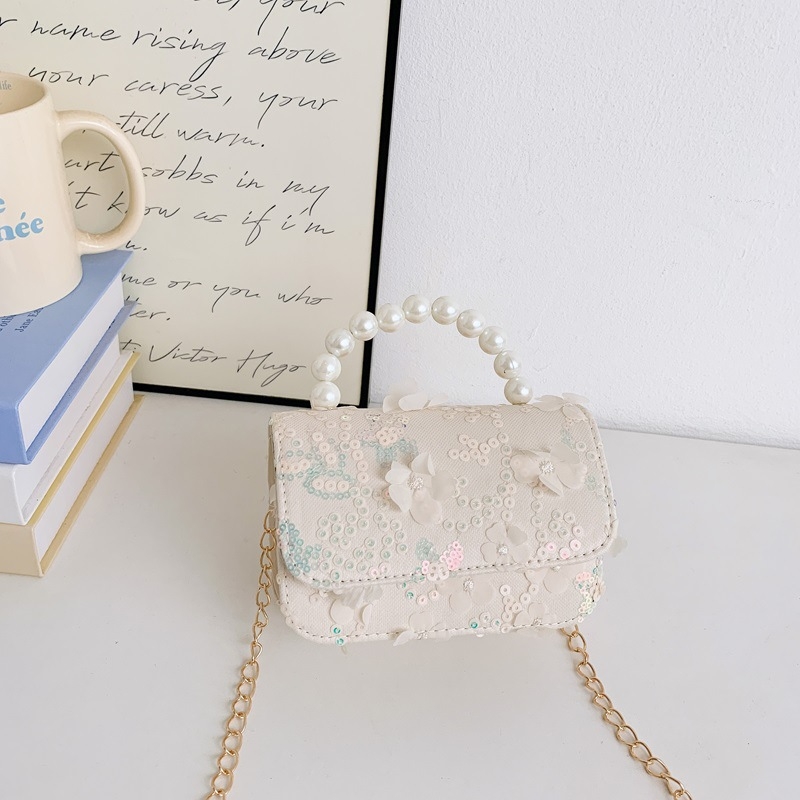 Geantă de copii crossbody cu flori și perle (Fete, Grădiniță, Fibre sintetice, Căptușeală: Piele sintetică, Model: Flori)