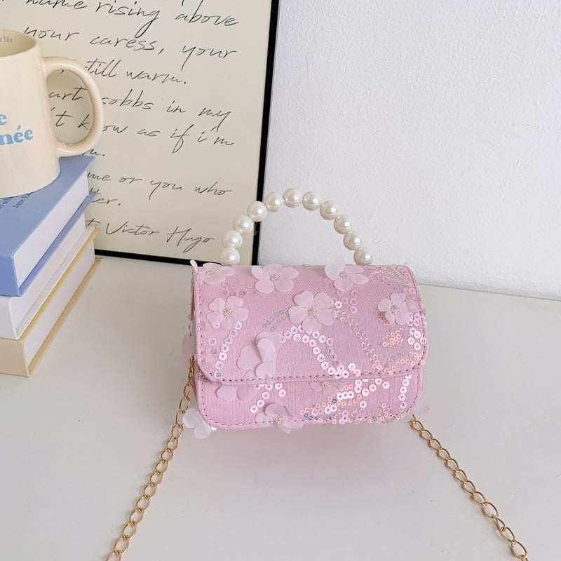 Geantă de copii crossbody cu flori și perle (Fete, Grădiniță, Fibre sintetice, Căptușeală: Piele sintetică, Model: Flori)