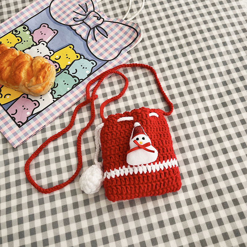 Vunena crossbody torbica za djecu s motivom snježnog čovjeka i božićnog drvca, sladak stil - Materijal: vuna; Uzorak: jednobojan; Podstava: bez podstave; Funkcije: super lagana, proširiva, smanjenje opterećenja; Dobna skupina: vrtić