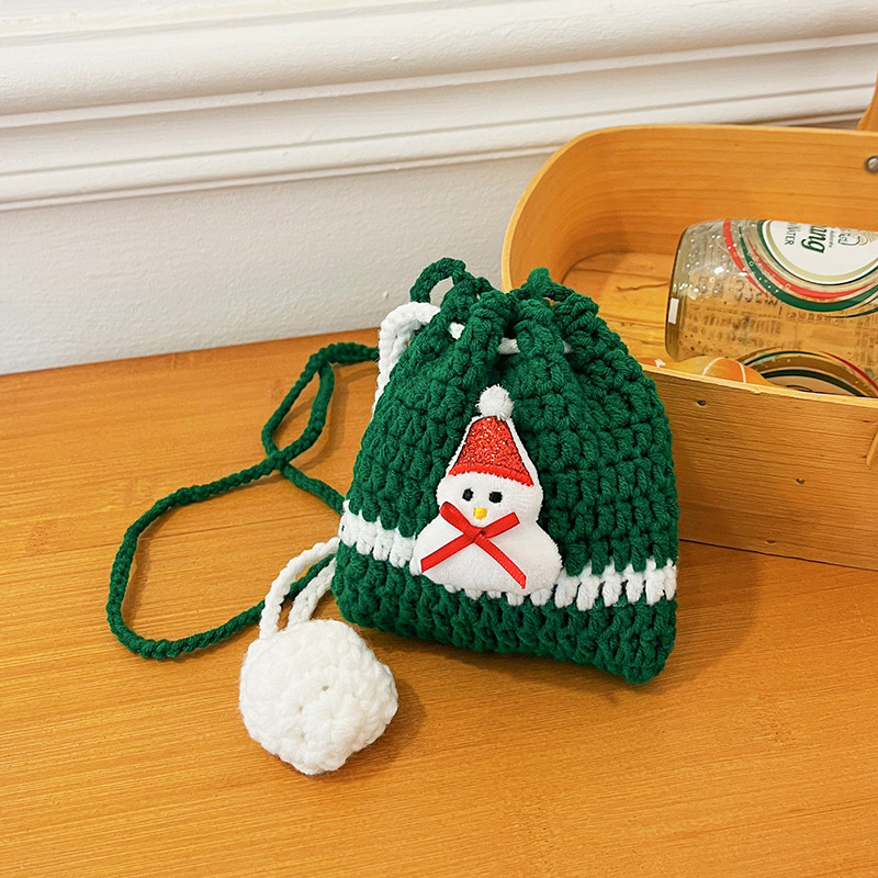 Vunena crossbody torbica za djecu s motivom snježnog čovjeka i božićnog drvca, sladak stil - Materijal: vuna; Uzorak: jednobojan; Podstava: bez podstave; Funkcije: super lagana, proširiva, smanjenje opterećenja; Dobna skupina: vrtić