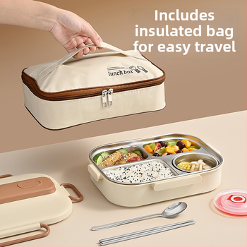 Термоизолирана кутия за обяд от 304 неръждаема стомана, правоъгълна с разделения, капацитет 1–2 л, микровълнова безопасна