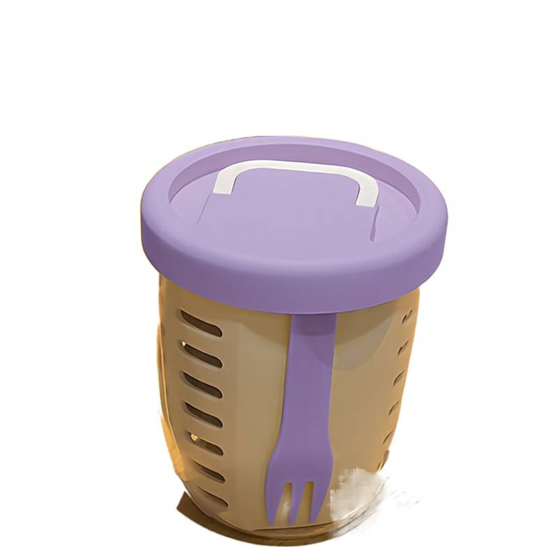 Портативен контейнер за плодове с вградена вилка, хранителен клас PP, цилиндрична форма, обем под 300 ml, дренажна функция