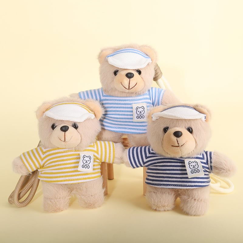 Αρκουδάκι από βελούδινο ύφασμα – μπρελόκ, κοντή βελούδινη υφή, γέμισμα PP βαμβάκι, ετικέτα λογότυπου