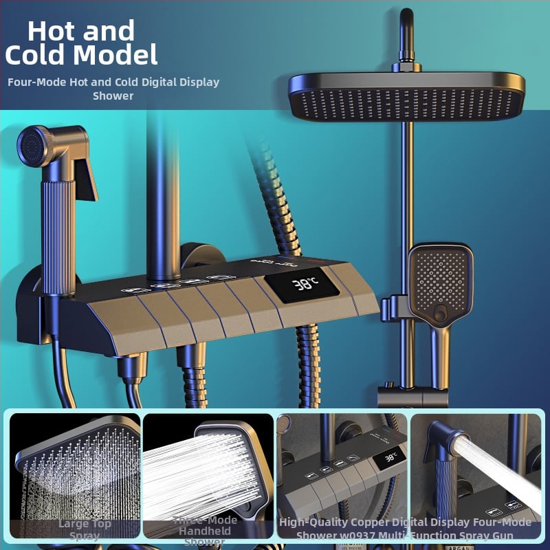 Σετ ντους μπάνιου από χαλκό, εντοιχισμένος στον τοίχο, ψηφιακή οθόνη, σταθερή θερμοκρασία, ντους βροχής
