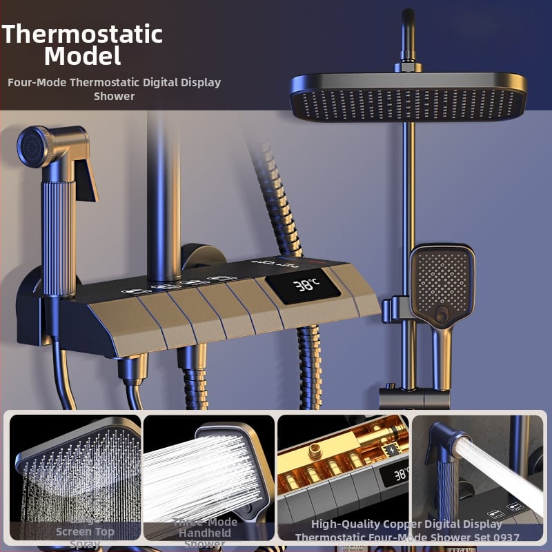 Σετ ντους μπάνιου από χαλκό, εντοιχισμένος στον τοίχο, ψηφιακή οθόνη, σταθερή θερμοκρασία, ντους βροχής