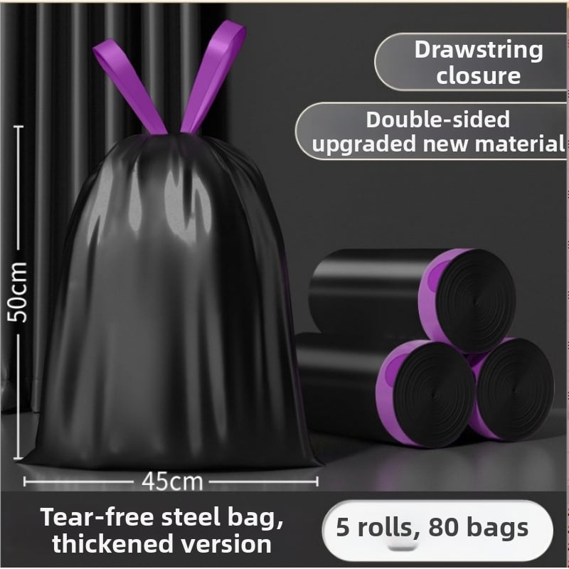 Húzózsinóros szemeteszsák, PE anyag, vastagított, újrahasználható, háztartási használatra