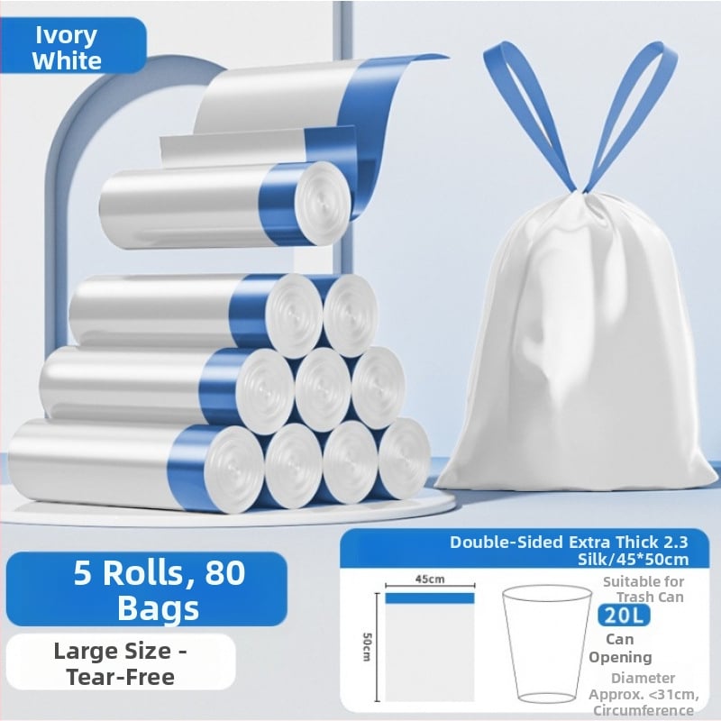 Húzózsinóros szemeteszsák, PE anyag, vastagított, újrahasználható, háztartási használatra