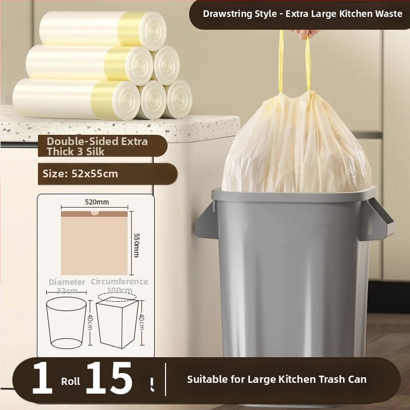 Húzózsinóros szemeteszsák, PE anyag, vastagított, újrahasználható, háztartási használatra