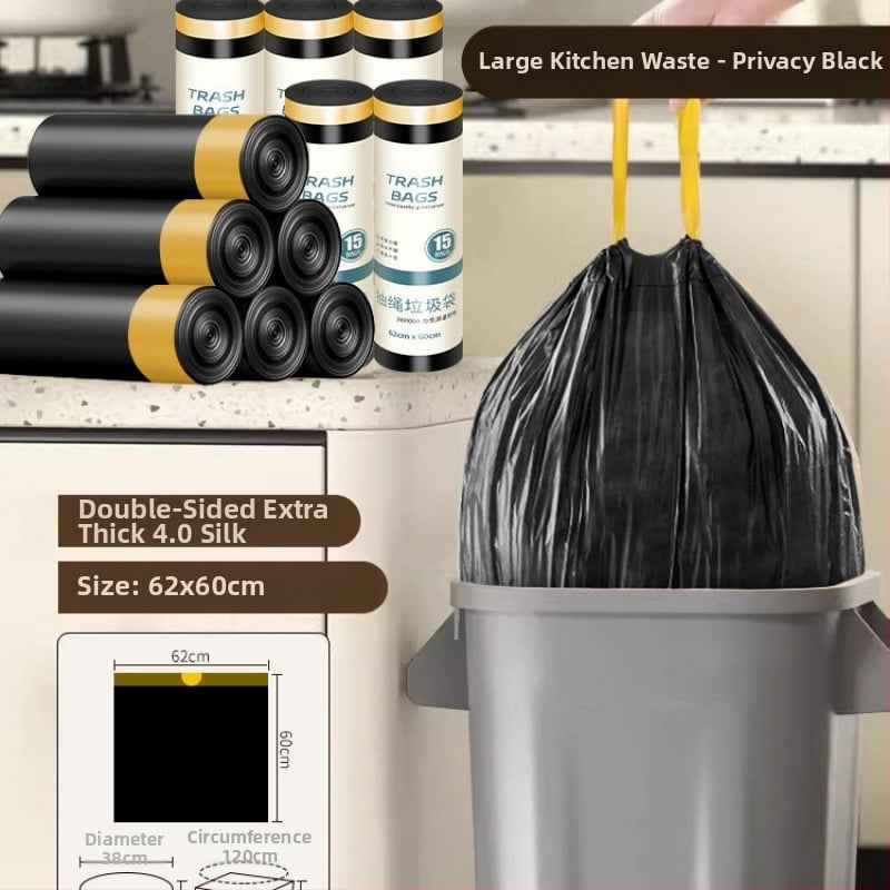 Húzózsinóros szemeteszsák, PE anyag, vastagított, újrahasználható, háztartási használatra