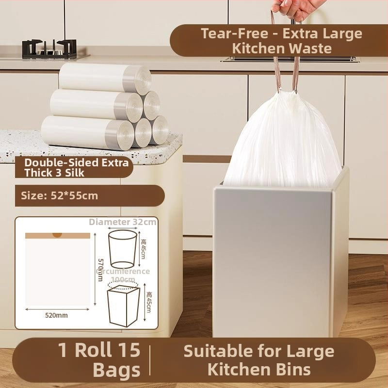 Húzózsinóros szemeteszsák, PE anyag, vastagított, újrahasználható, háztartási használatra