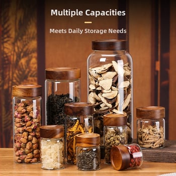 Borcan sigilat de sticlă cu capac din lemn de acacia, sticlă borosilicată de înaltă calitate, pentru alimente, capacitate 301–500 ml, compatibil cu microundele