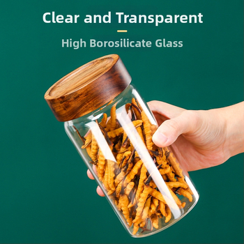 Borcan sigilat de sticlă cu capac din lemn de acacia, sticlă borosilicată de înaltă calitate, pentru alimente, capacitate 301–500 ml, compatibil cu microundele
