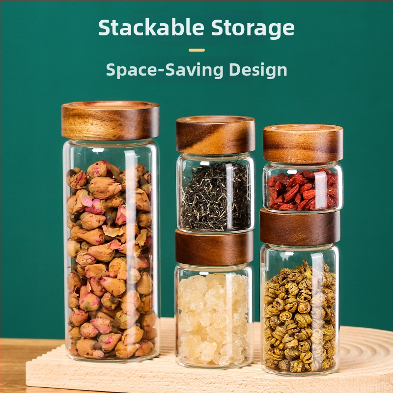 Borcan sigilat de sticlă cu capac din lemn de acacia, sticlă borosilicată de înaltă calitate, pentru alimente, capacitate 301–500 ml, compatibil cu microundele