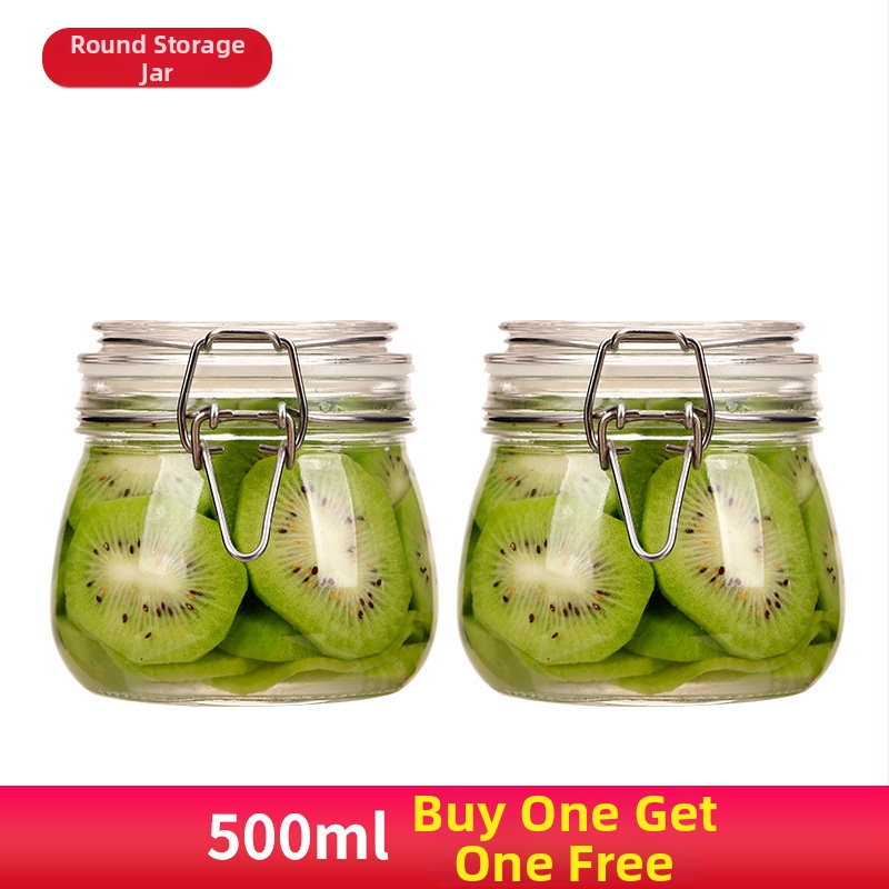 Borcan din sticlă sigilat, formă rotundă, design minimalist modern, pentru depozitare în cămară