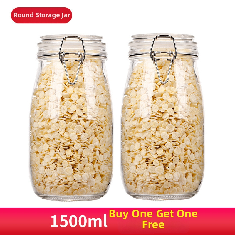 Borcan din sticlă sigilat, formă rotundă, design minimalist modern, pentru depozitare în cămară