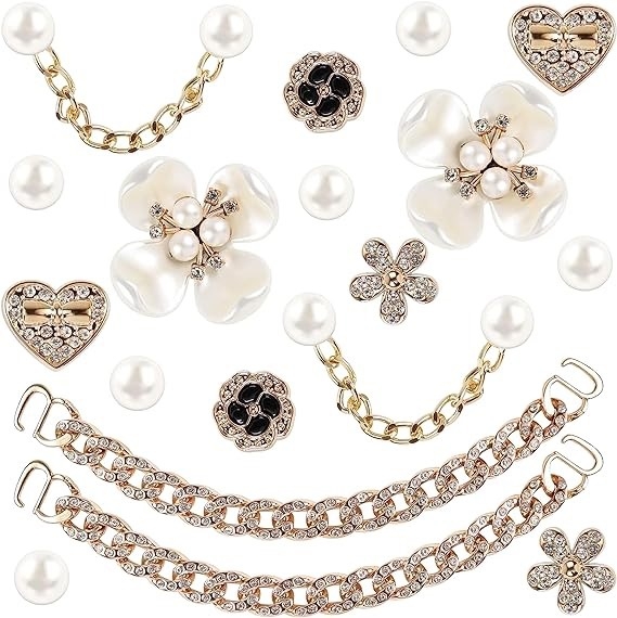 Set decor pentru sandale: perle, floare cu patru frunze, decor pentru pantof, lanț cu inimă și diamant — model 654984; stil: cataramă; potrivit pentru vară, primăvară, toamnă, iarnă
