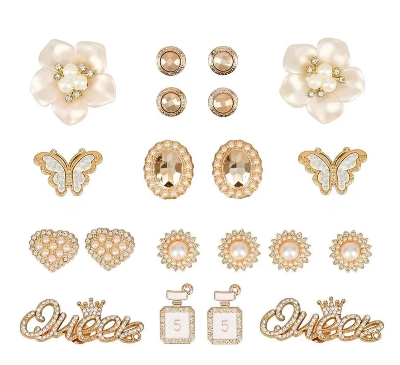 Set decor pentru sandale: perle, floare cu patru frunze, decor pentru pantof, lanț cu inimă și diamant — model 654984; stil: cataramă; potrivit pentru vară, primăvară, toamnă, iarnă