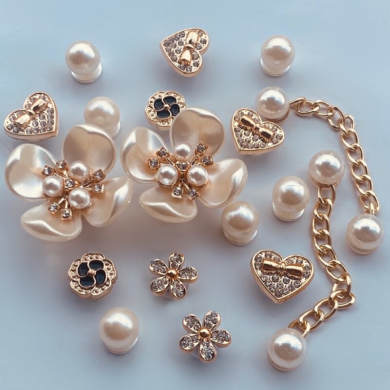 Set decor pentru sandale: perle, floare cu patru frunze, decor pentru pantof, lanț cu inimă și diamant — model 654984; stil: cataramă; potrivit pentru vară, primăvară, toamnă, iarnă