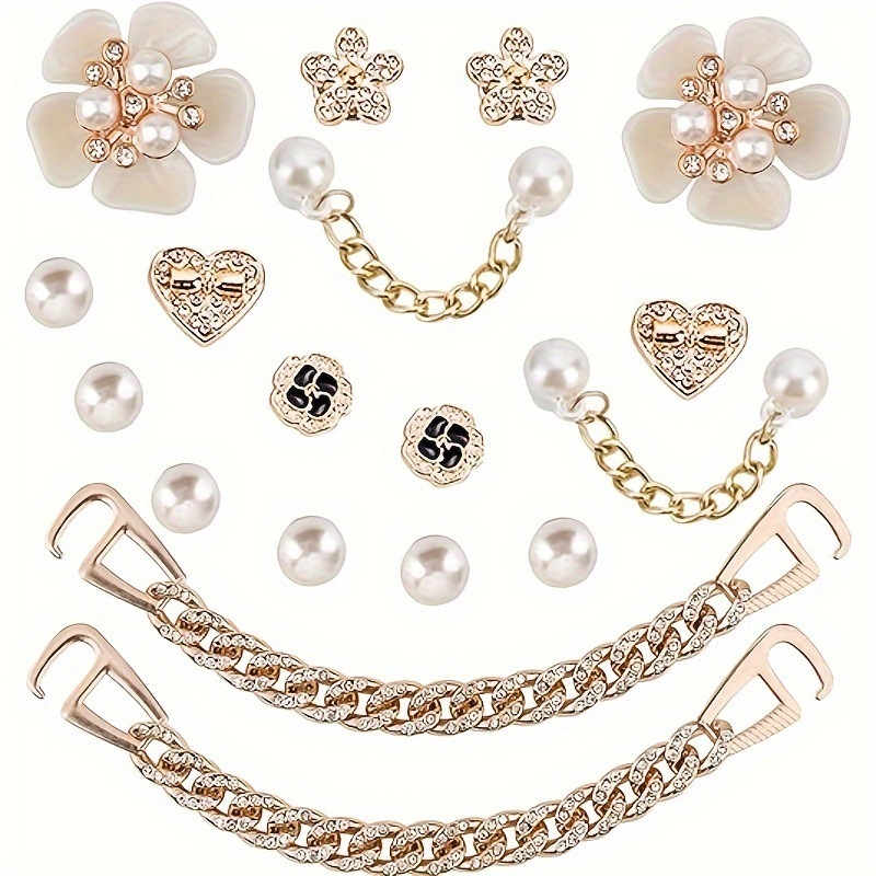 Set decor pentru sandale: perle, floare cu patru frunze, decor pentru pantof, lanț cu inimă și diamant — model 654984; stil: cataramă; potrivit pentru vară, primăvară, toamnă, iarnă