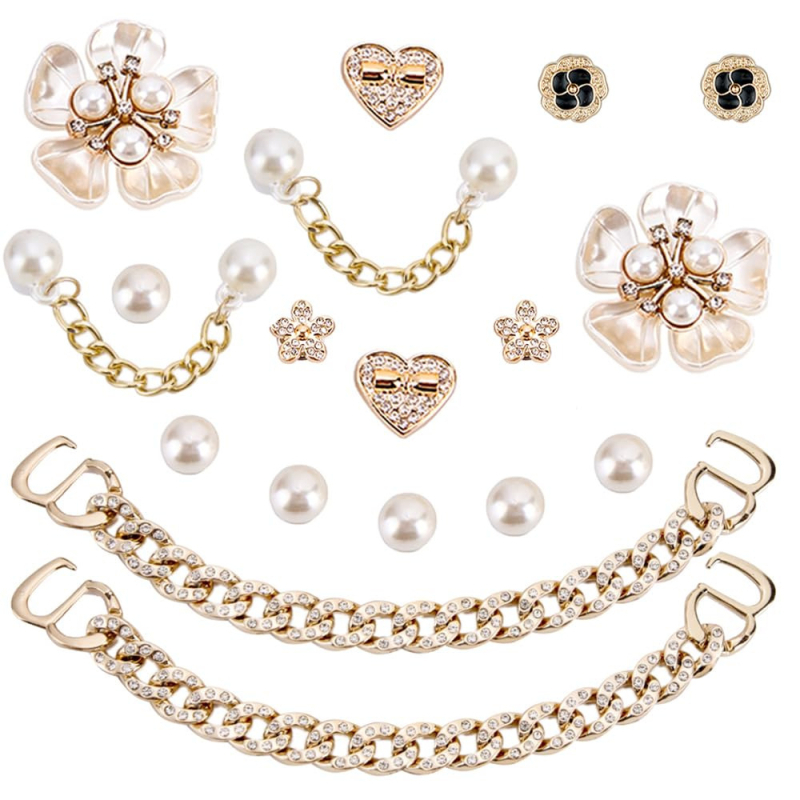 Set decor pentru sandale: perle, floare cu patru frunze, decor pentru pantof, lanț cu inimă și diamant — model 654984; stil: cataramă; potrivit pentru vară, primăvară, toamnă, iarnă