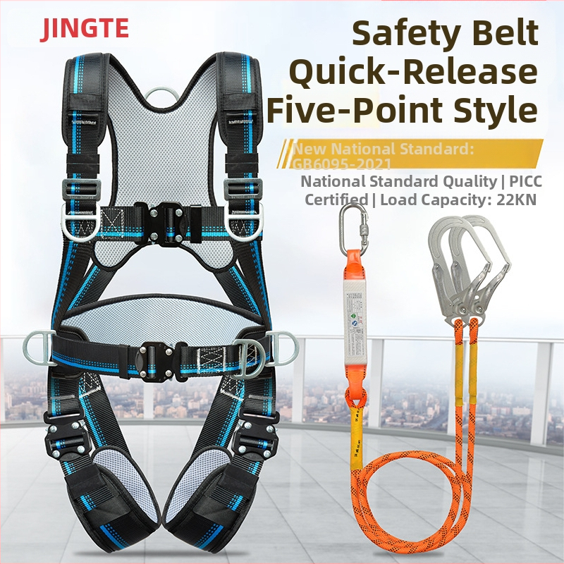 Päťbodový bezpečnostný pás na celé telo s ochranou chrbtice a nohami, s uzamykacím mechanizmom, pre prácu vo výškach a na stavbách