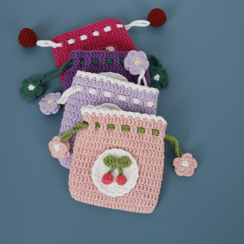 Rankomis megzta vilnos monetų piniginė su vaisių ornamentu, mini raištinė rankinė moterims, kvėpuojanti