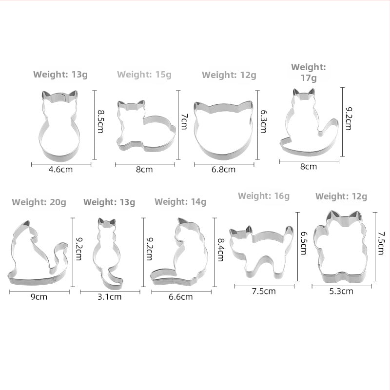 Сет от 9 форми за бисквити от неръждаема стомана с неравни фигури котенца за печене, десерти и рязане на плодове