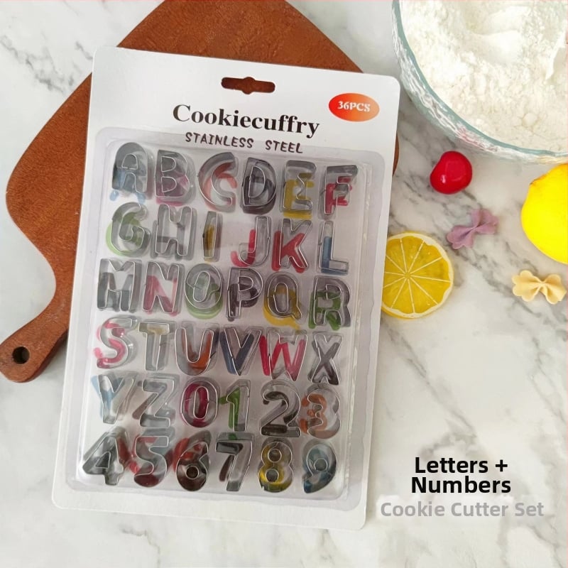 36-частен комплект форми за сладки с букви и цифри, от неръждаема стомана, блистер опаковка, за печене